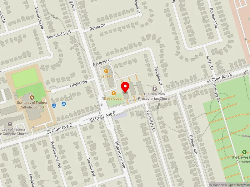 RentSafeTO apartment evaluation map view of 3214 ST CLAIR AVE E in Scarborough Southwest, Toronto