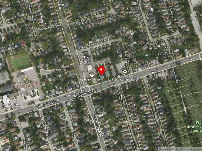RentSafeTO apartment evaluation satellite view of 3214 ST CLAIR AVE E in Scarborough Southwest, Toronto