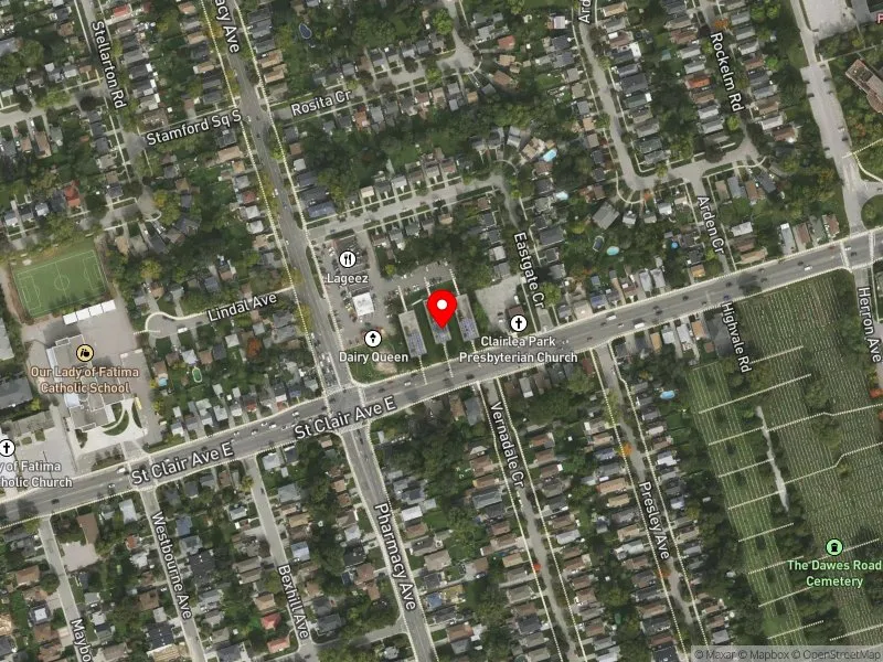 RentSafeTO apartment evaluation satellite view of 3218 ST CLAIR AVE E in Scarborough Southwest, Toronto