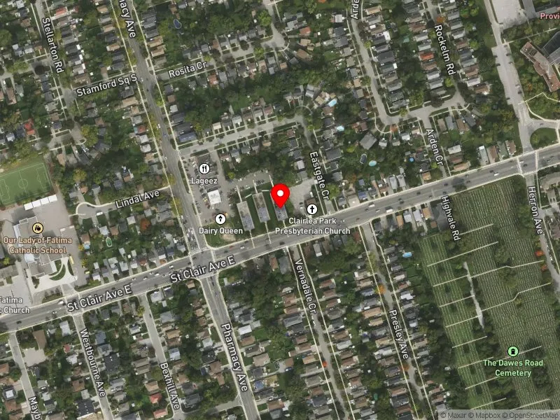 RentSafeTO apartment evaluation satellite view of 3222 ST CLAIR AVE E in Scarborough Southwest, Toronto