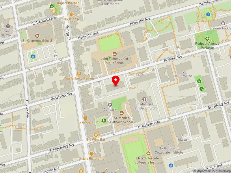 RentSafeTO apartment evaluation map view of 33 ERSKINE AVE in Don Valley West, Toronto