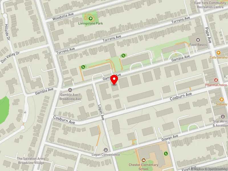 RentSafeTO apartment evaluation map view of 33 GAMBLE AVE in Toronto-Danforth, Toronto