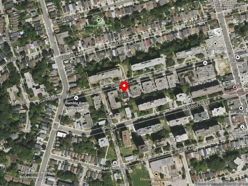 RentSafeTO apartment evaluation satellite view of 33 GAMBLE AVE in Toronto-Danforth, Toronto