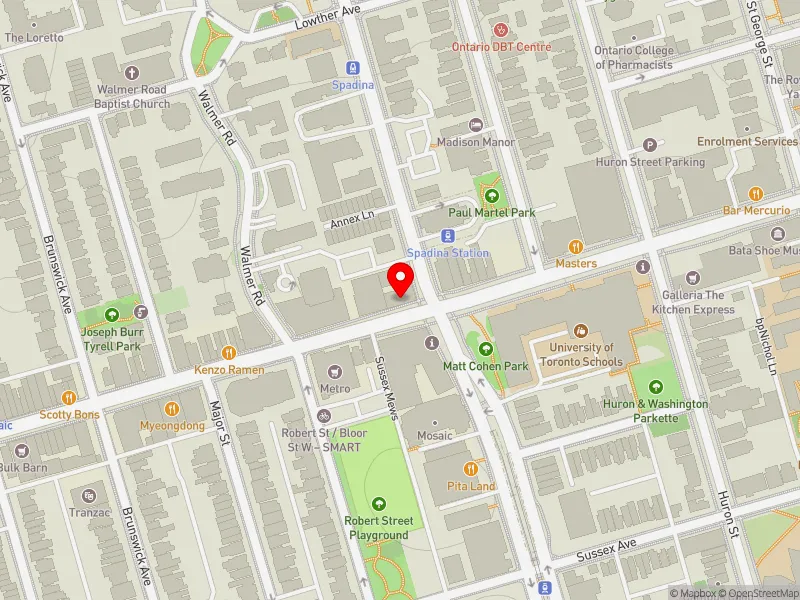 RentSafeTO apartment evaluation map view of 334 BLOOR ST W in University-Rosedale, Toronto