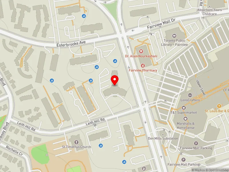 RentSafeTO apartment evaluation map view of 34 LEITH HILL RD in Don Valley North, Toronto