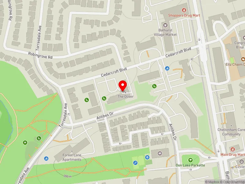 RentSafeTO apartment evaluation map view of 35 CEDARCROFT BLVD in York Centre, Toronto