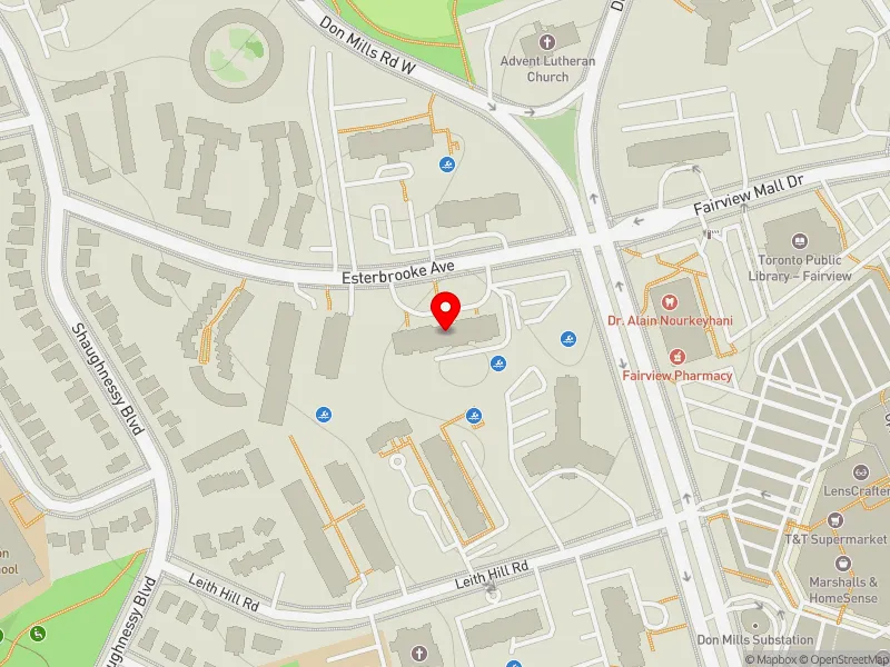 RentSafeTO apartment evaluation map view of 35 ESTERBROOKE AVE in Don Valley North, Toronto