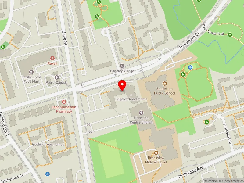 RentSafeTO apartment evaluation map view of 35 SHOREHAM DR in Humber River-Black Creek, Toronto