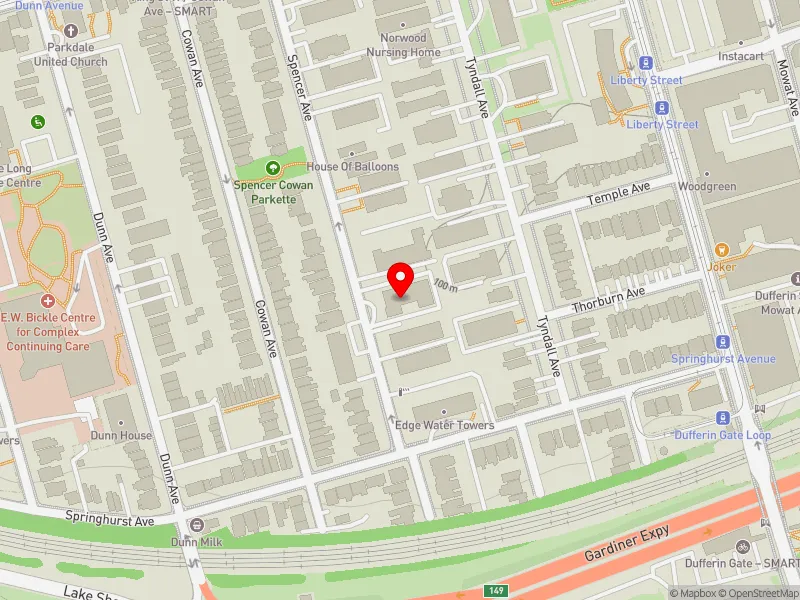 RentSafeTO apartment evaluation map view of 35 SPENCER AVE in Parkdale-High Park, Toronto