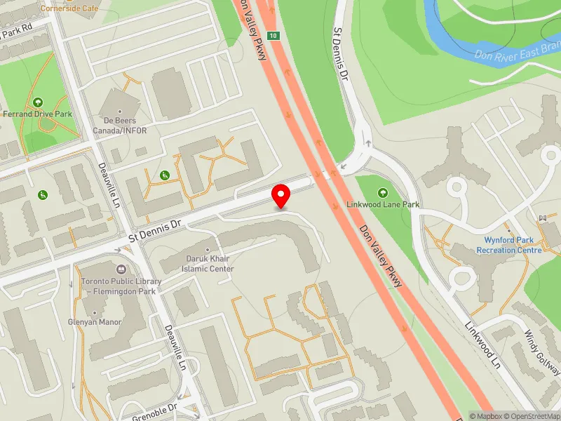 RentSafeTO apartment evaluation map view of 35 ST DENNIS DR in Don Valley East, Toronto