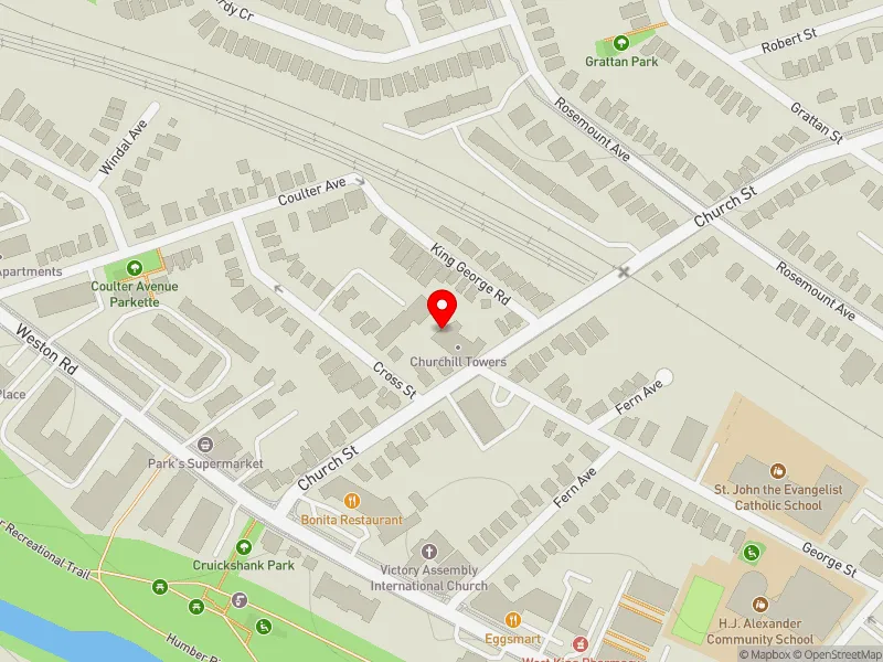 RentSafeTO apartment evaluation map view of 36 CHURCH ST in York South-Weston, Toronto