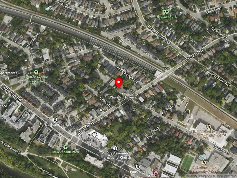 RentSafeTO apartment evaluation satellite view of 36 CHURCH ST in York South-Weston, Toronto