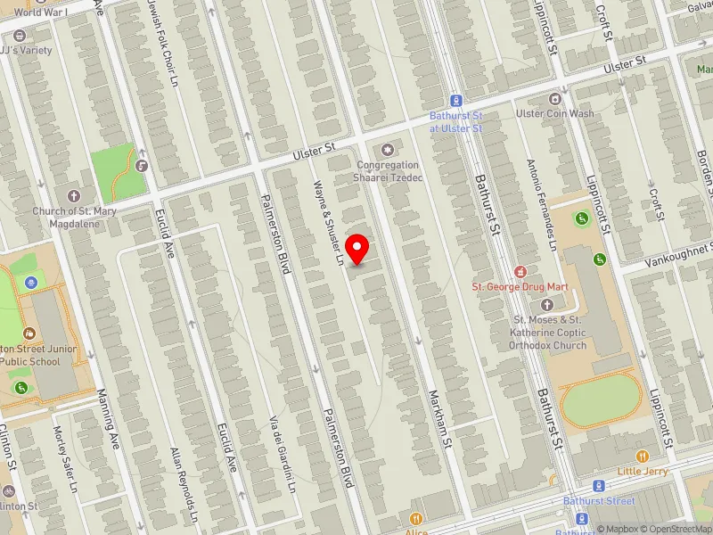 RentSafeTO apartment evaluation map view of 378 MARKHAM ST in University-Rosedale, Toronto