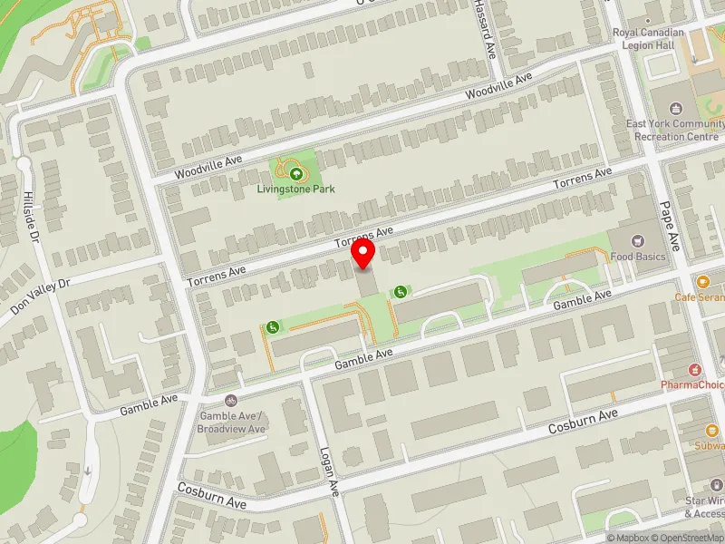 RentSafeTO apartment evaluation map view of 39 TORRENS AVE in Toronto-Danforth, Toronto