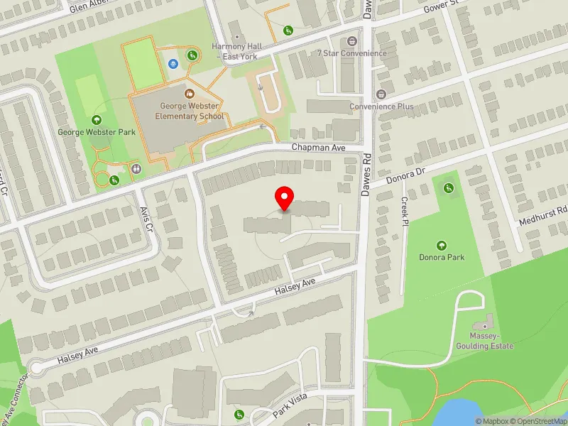 RentSafeTO apartment evaluation map view of 390 DAWES RD in Beaches-East York, Toronto