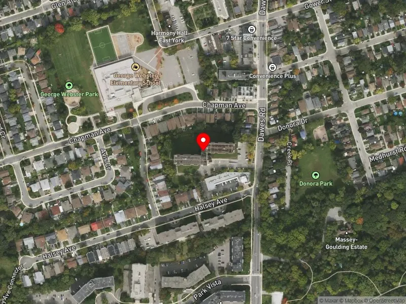 RentSafeTO apartment evaluation satellite view of 390 DAWES RD in Beaches-East York, Toronto