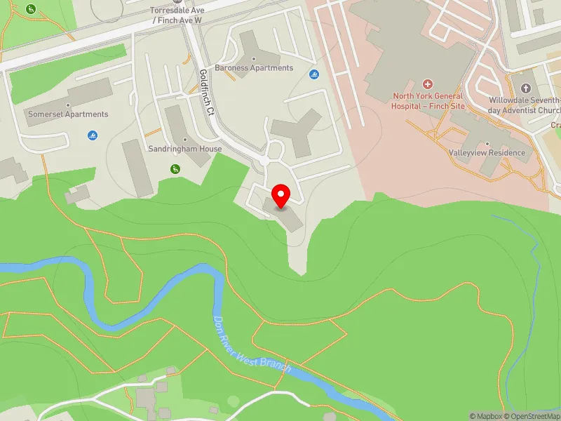 RentSafeTO apartment evaluation map view of 4 GOLDFINCH CRT in York Centre, Toronto