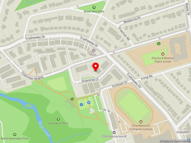 RentSafeTO apartment evaluation map view of 4 GREENTREE CRT in York South-Weston, Toronto