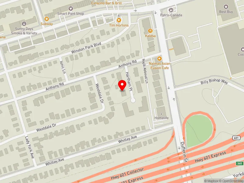 RentSafeTO apartment evaluation map view of 4 HARTHAM PL in York Centre, Toronto