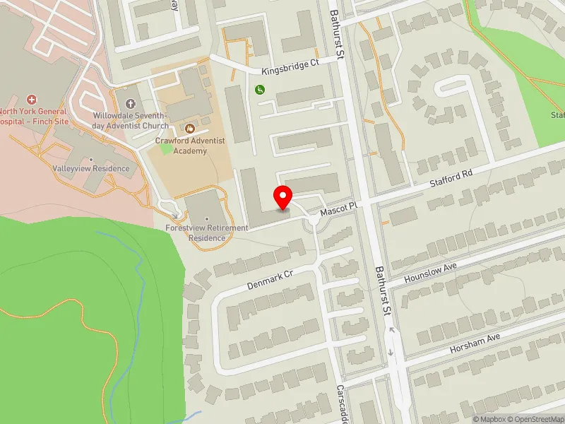 RentSafeTO apartment evaluation map view of 4 MASCOT PL in York Centre, Toronto