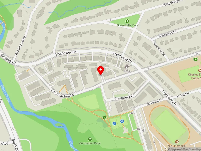 RentSafeTO apartment evaluation map view of 40 CLEARVIEW HTS in York South-Weston, Toronto