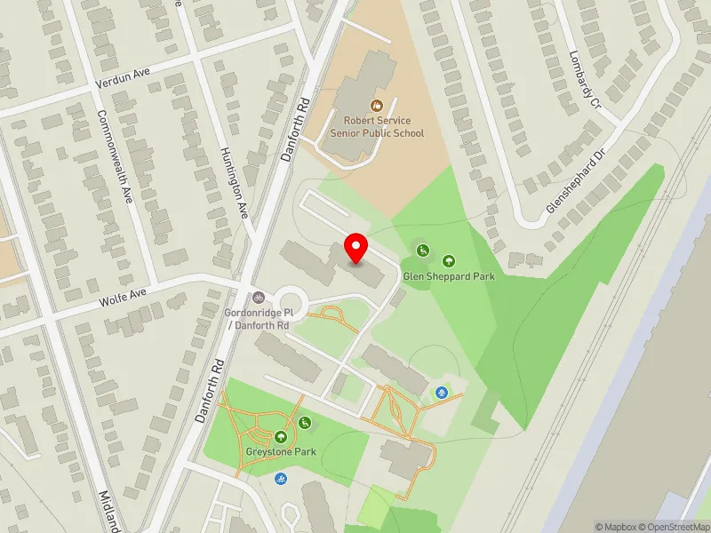 RentSafeTO apartment evaluation map view of 40 GORDONRIDGE PL in Scarborough Southwest, Toronto