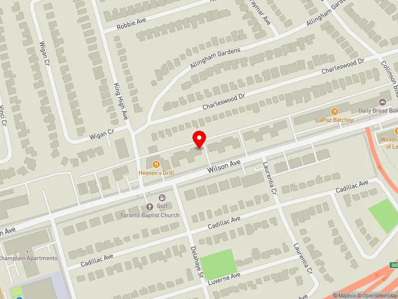 RentSafeTO apartment evaluation map view of 408-414 WILSON AVE in York Centre, Toronto