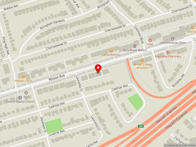 RentSafeTO apartment evaluation map view of 411 WILSON AVE in York Centre, Toronto