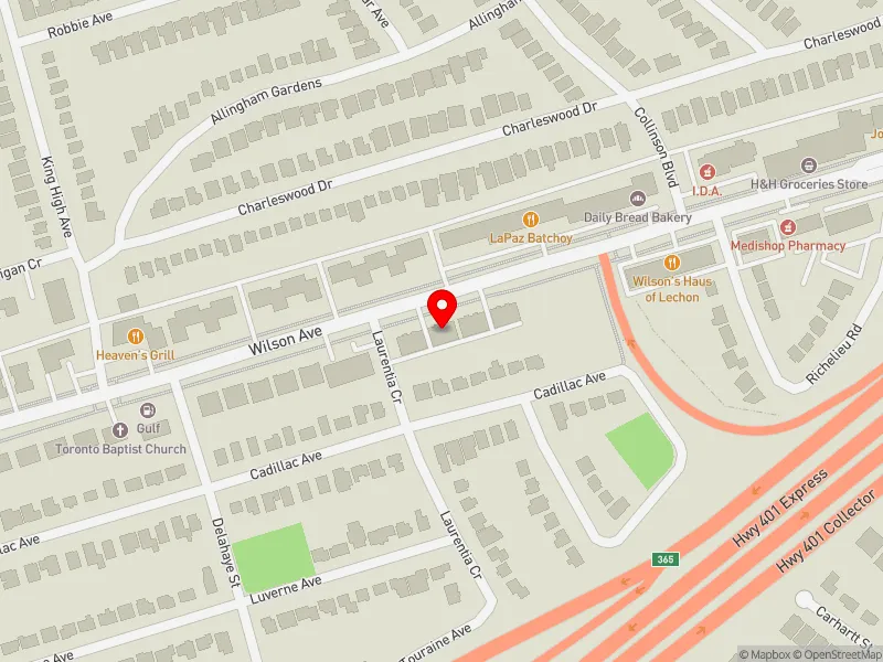 RentSafeTO apartment evaluation map view of 415 WILSON AVE in York Centre, Toronto