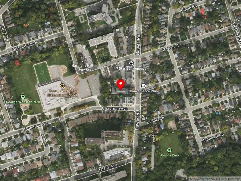 RentSafeTO apartment evaluation satellite view of 418 DAWES RD in Beaches-East York, Toronto