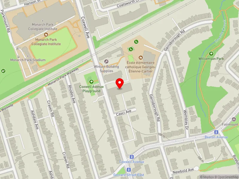RentSafeTO apartment evaluation map view of 419 COXWELL AVE in Beaches-East York, Toronto