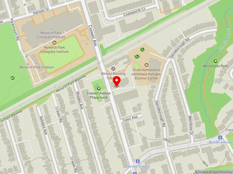 RentSafeTO apartment evaluation map view of 425 COXWELL AVE in Beaches-East York, Toronto