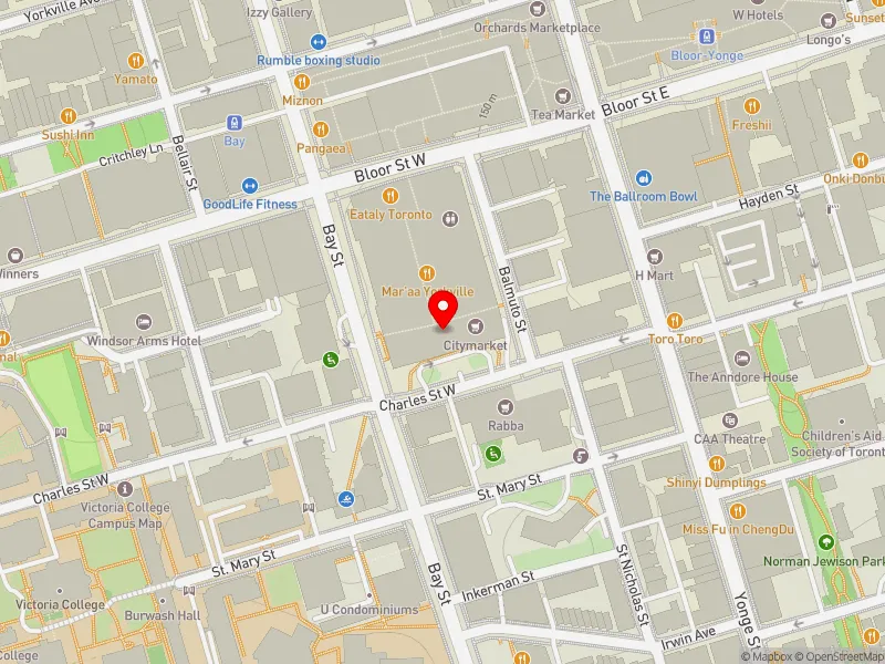 RentSafeTO apartment evaluation map view of 44 CHARLES ST W in University-Rosedale, Toronto