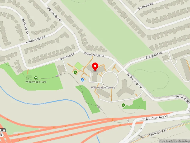 RentSafeTO apartment evaluation map view of 44 WILLOWRIDGE RD in Etobicoke North, Toronto