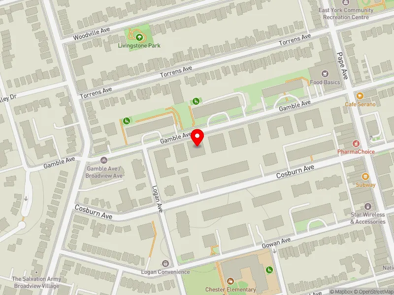 RentSafeTO apartment evaluation map view of 45 GAMBLE AVE in Toronto-Danforth, Toronto
