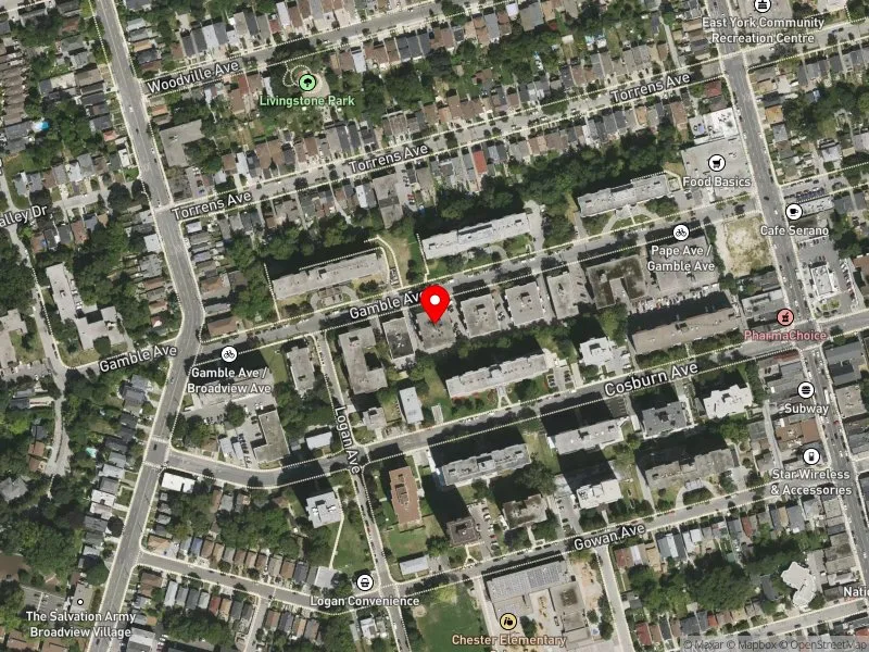 RentSafeTO apartment evaluation satellite view of 45 GAMBLE AVE in Toronto-Danforth, Toronto