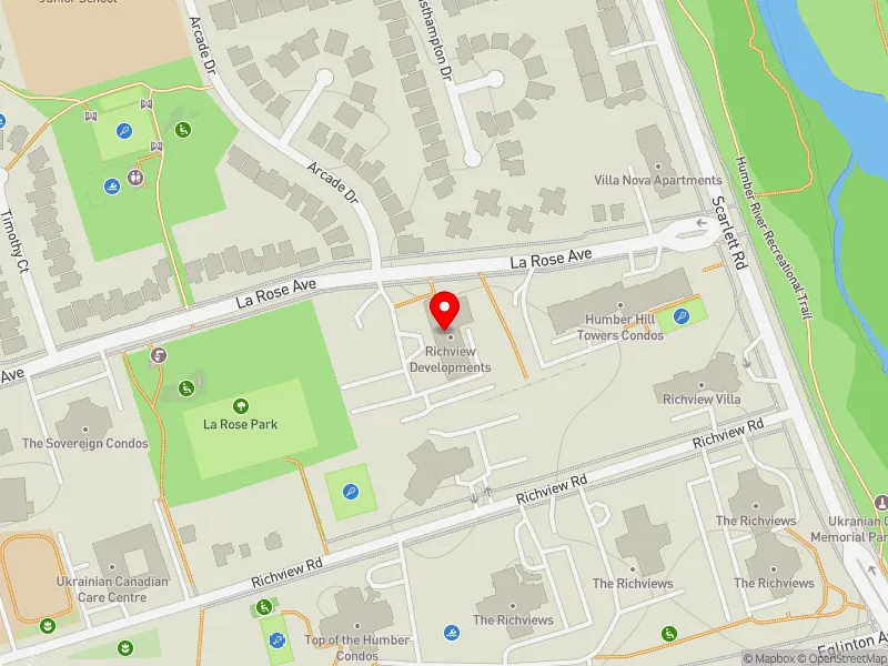 RentSafeTO apartment evaluation map view of 45 LA ROSE AVE in Etobicoke Centre, Toronto