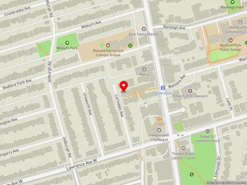 RentSafeTO apartment evaluation map view of 45 LORINDALE AVE in Eglinton-Lawrence, Toronto