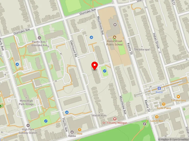RentSafeTO apartment evaluation map view of 45 OAKMOUNT RD in Parkdale-High Park, Toronto