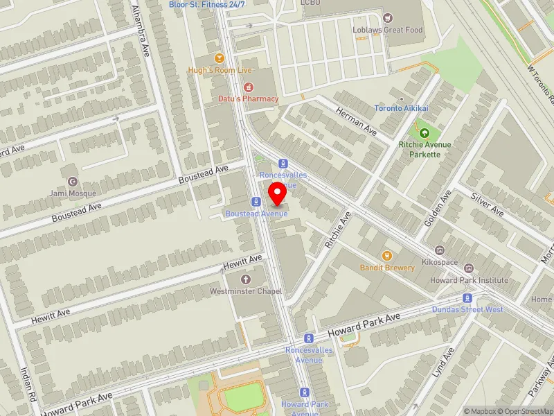 RentSafeTO apartment evaluation map view of 467 RONCESVALLES AVE in Parkdale-High Park, Toronto