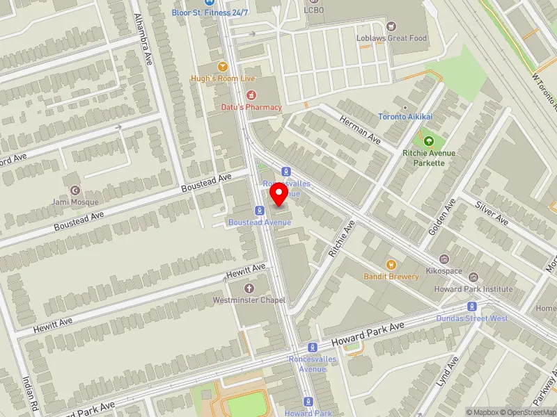 RentSafeTO apartment evaluation map view of 469 RONCESVALLES AVE in Parkdale-High Park, Toronto