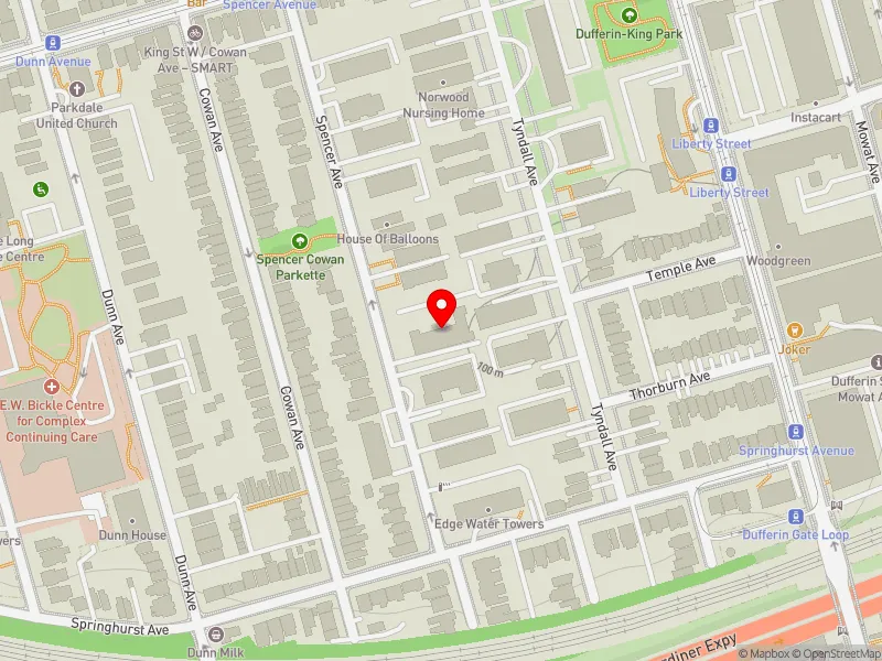 RentSafeTO apartment evaluation map view of 47 SPENCER AVE in Parkdale-High Park, Toronto