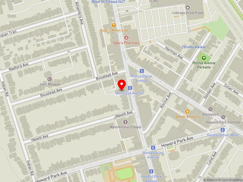 RentSafeTO apartment evaluation map view of 470 RONCESVALLES AVE in Parkdale-High Park, Toronto