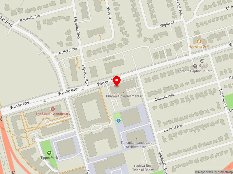 RentSafeTO apartment evaluation map view of 495 WILSON AVE in York Centre, Toronto