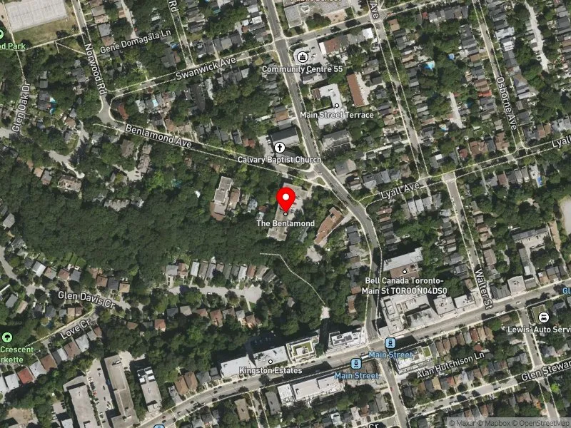 RentSafeTO apartment evaluation satellite view of 5 BENLAMOND AVE in Beaches-East York, Toronto