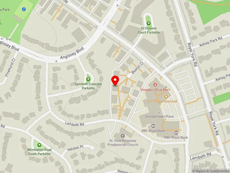 RentSafeTO apartment evaluation map view of 5 BEXHILL CRT in Etobicoke Centre, Toronto