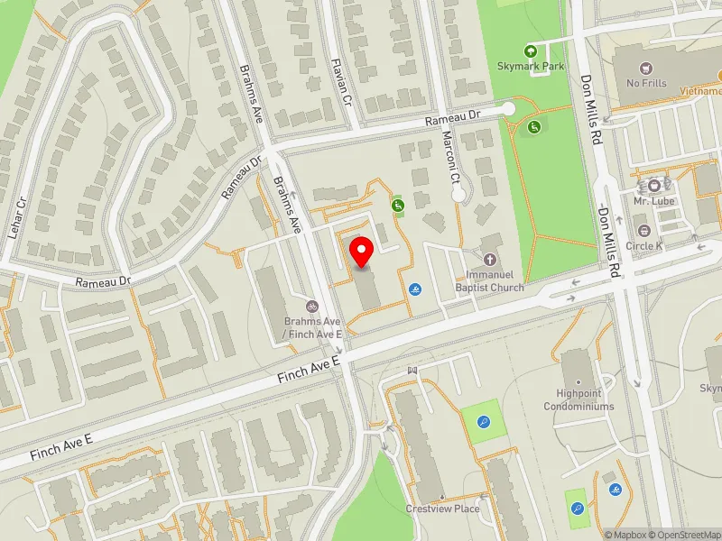 RentSafeTO apartment evaluation map view of 5 BRAHMS AVE in Don Valley North, Toronto