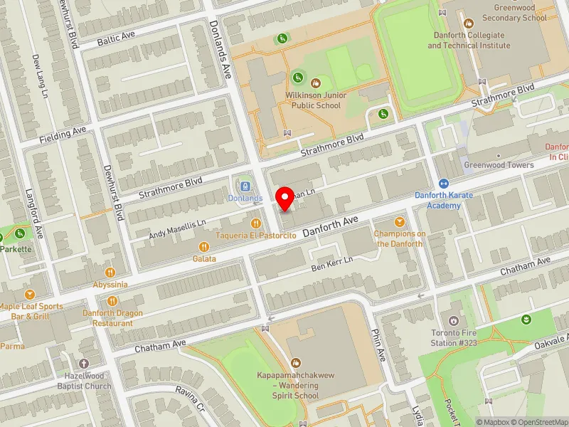 RentSafeTO apartment evaluation map view of 5 DONLANDS AVE in Toronto-Danforth, Toronto