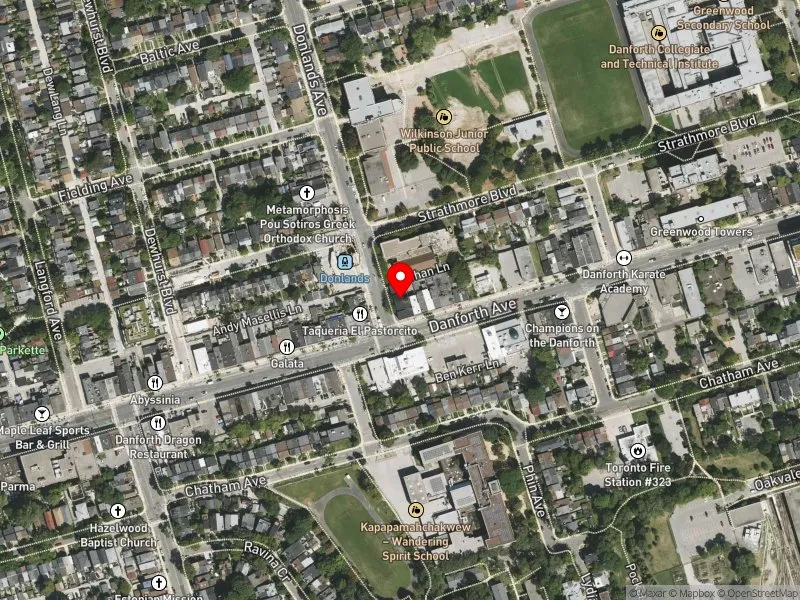 RentSafeTO apartment evaluation satellite view of 5 DONLANDS AVE in Toronto-Danforth, Toronto