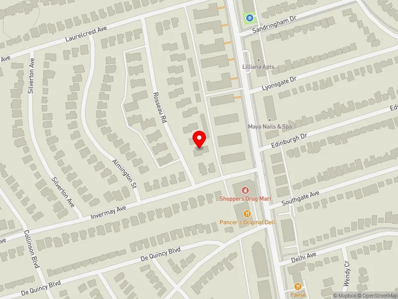 RentSafeTO apartment evaluation map view of 5 ROSSEAU RD in York Centre, Toronto